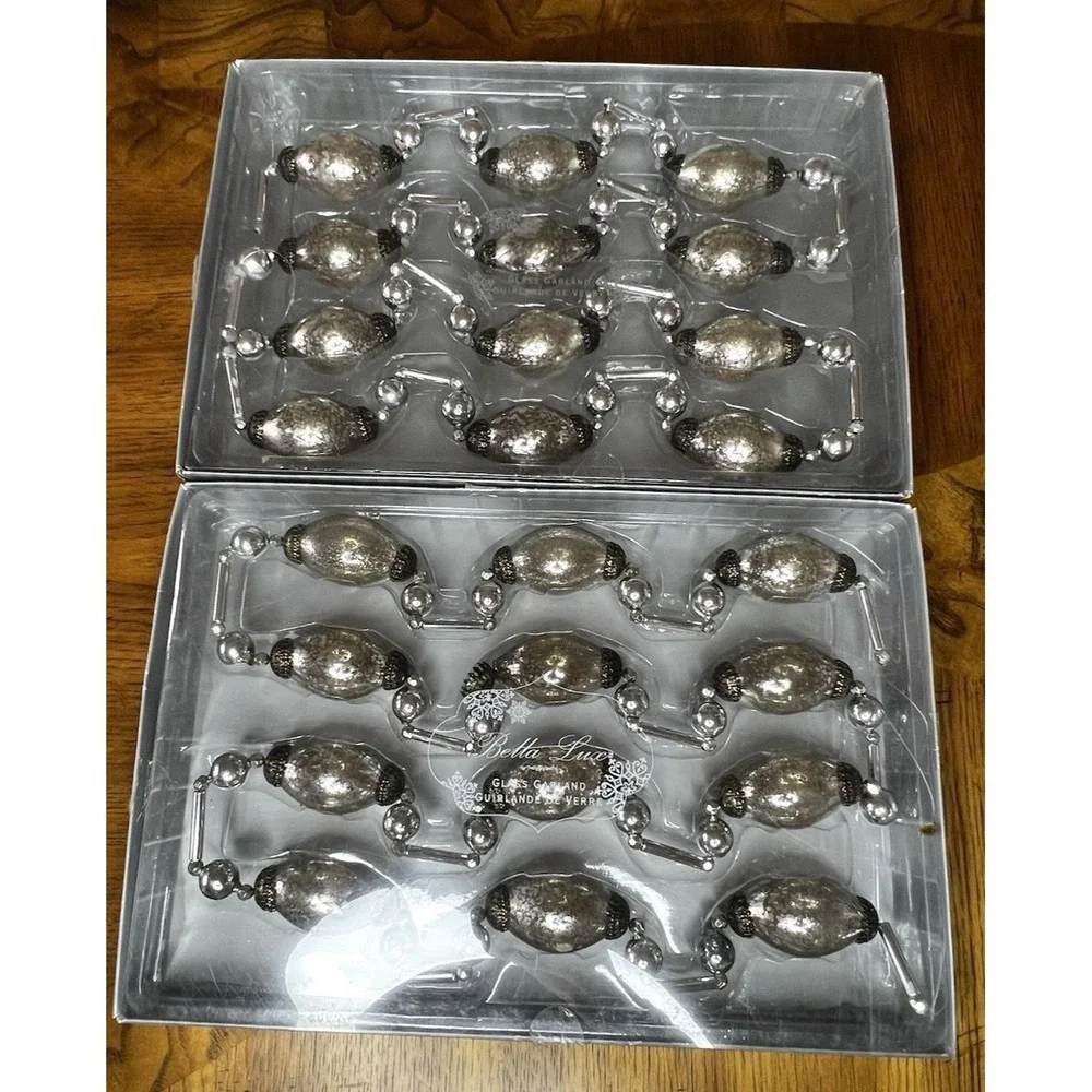 2 Bella Luce Christmas Mercury Glass Garland Silver w/ Ornate End Caps Boxed 12'